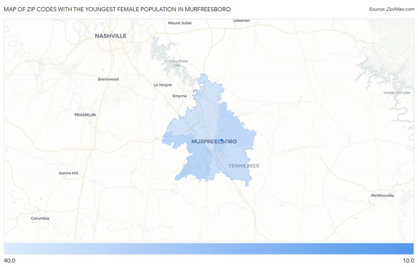 Zip Codes with the Youngest Female Population in Murfreesboro Map