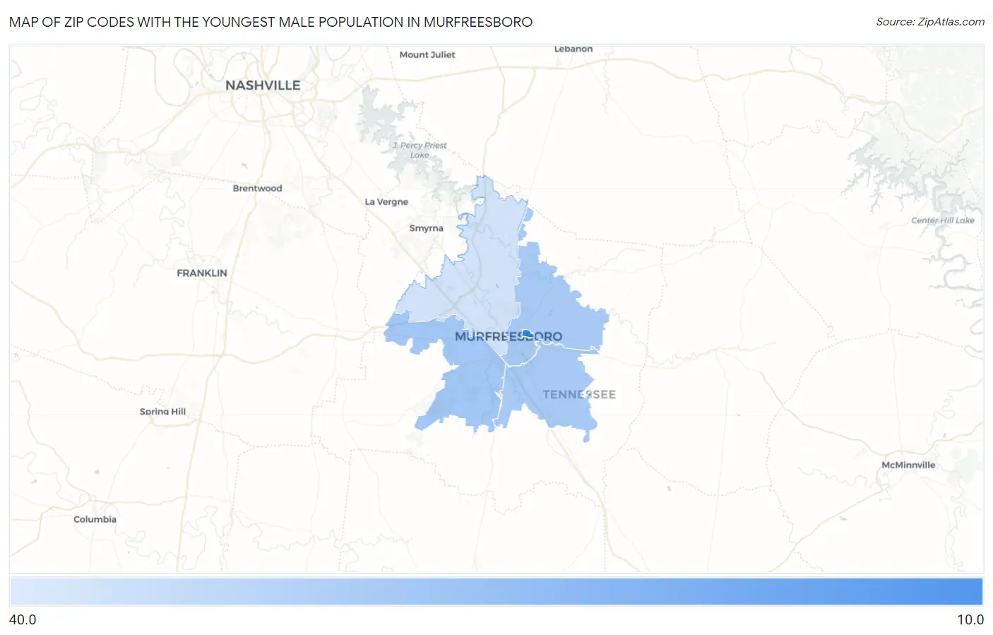 Zip Codes with the Youngest Male Population in Murfreesboro Map