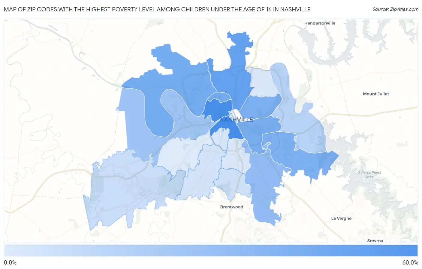 Zip Codes with the Highest Poverty Level Among Children Under the Age of 16 in Nashville Map