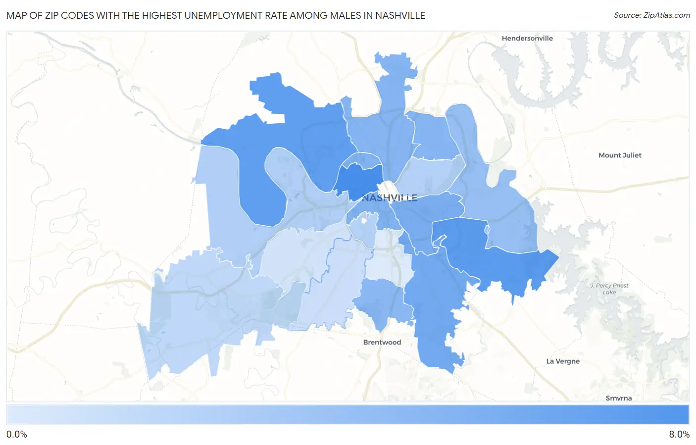 Zip Codes with the Highest Unemployment Rate Among Males in Nashville Map