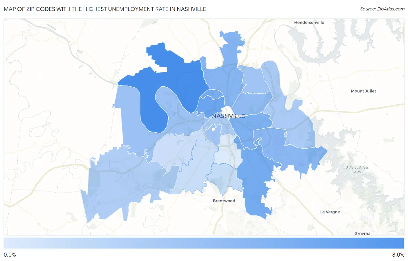 Zip Codes with the Highest Unemployment Rate in Nashville Map