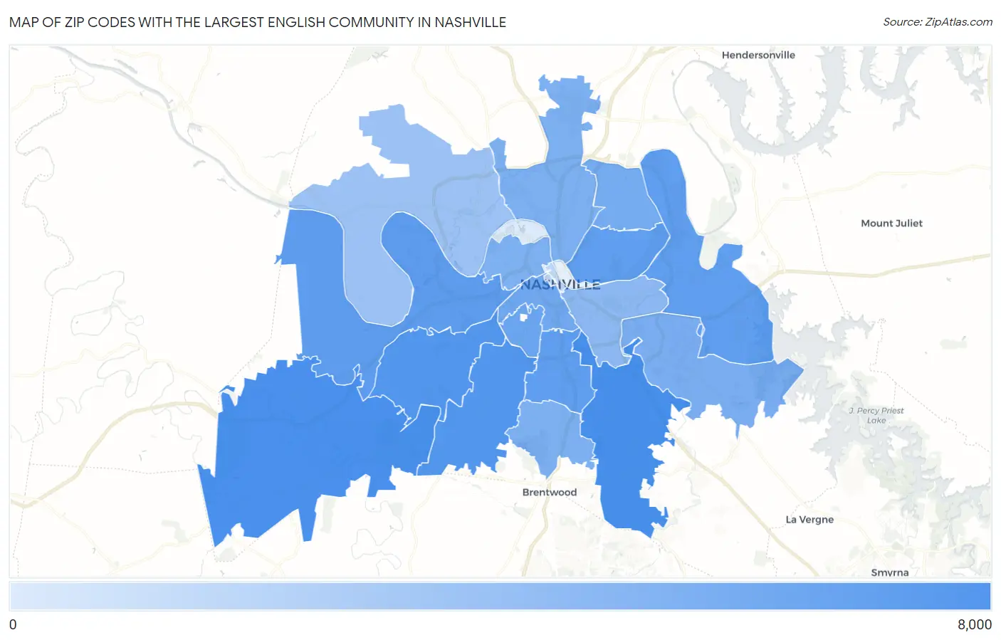 Zip Codes with the Largest English Community in Nashville Map