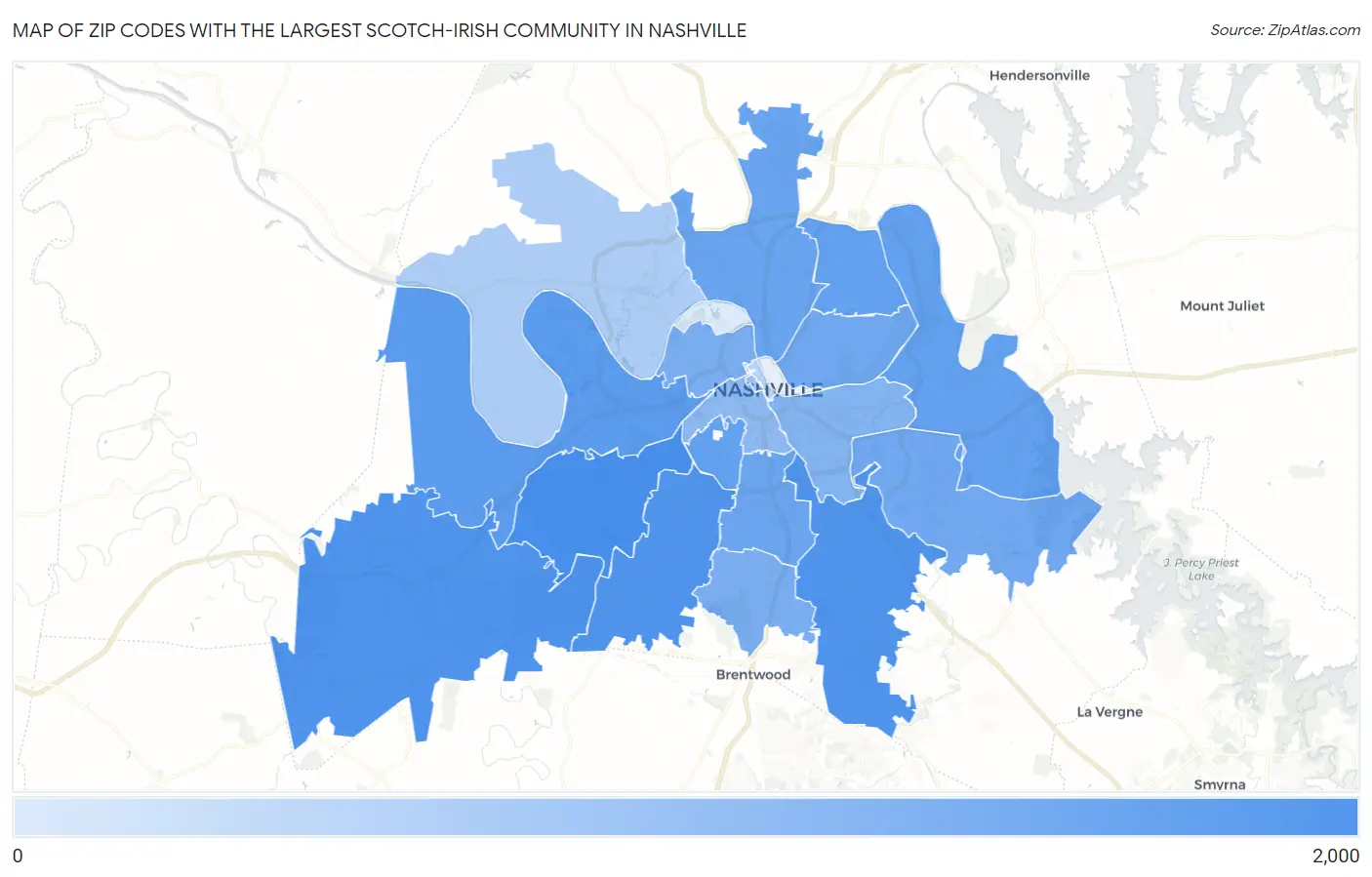 Zip Codes with the Largest Scotch-Irish Community in Nashville Map