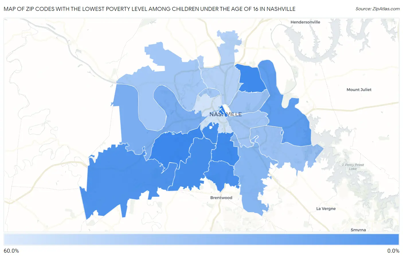 Zip Codes with the Lowest Poverty Level Among Children Under the Age of 16 in Nashville Map