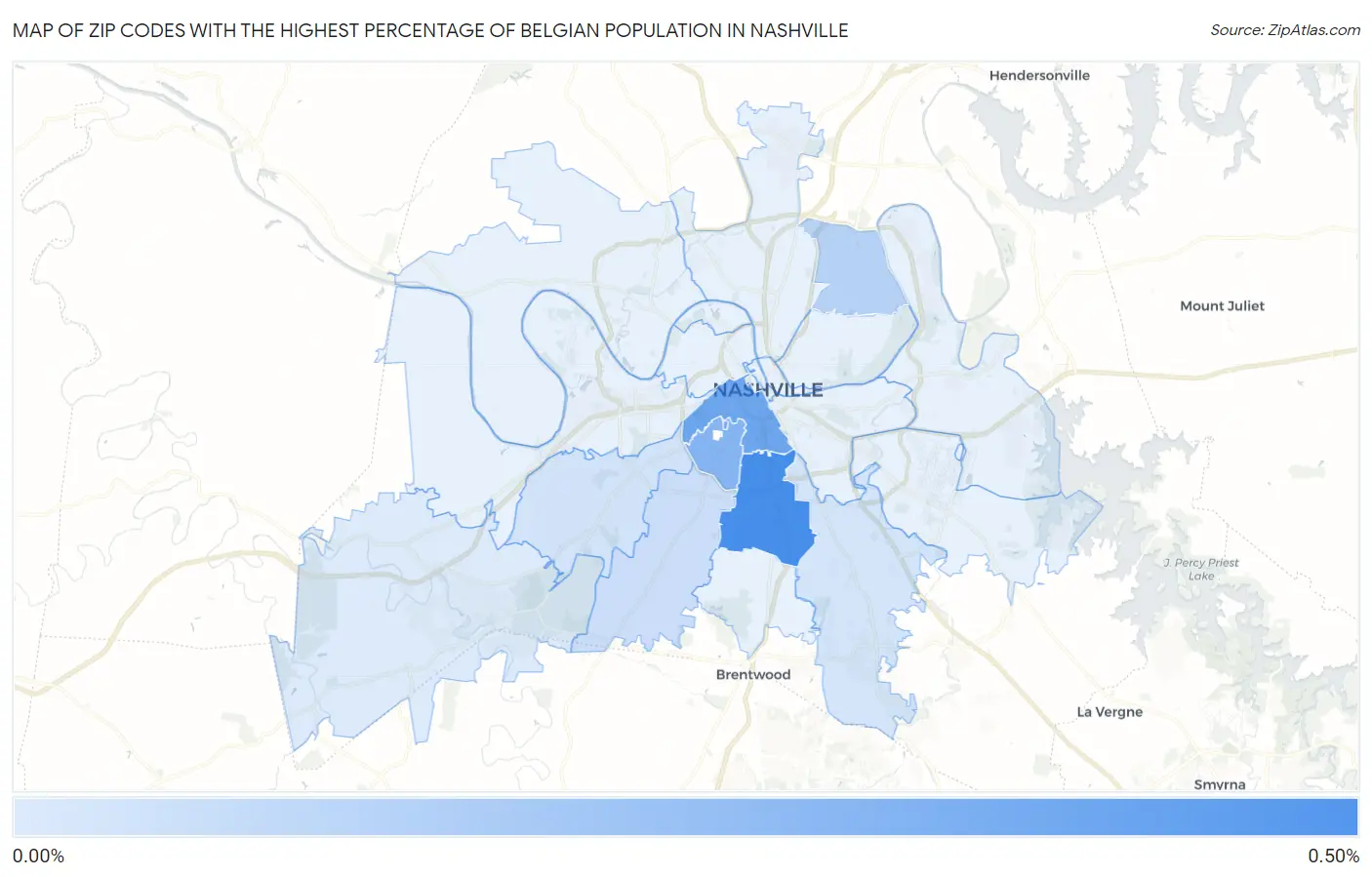 Zip Codes with the Highest Percentage of Belgian Population in Nashville Map