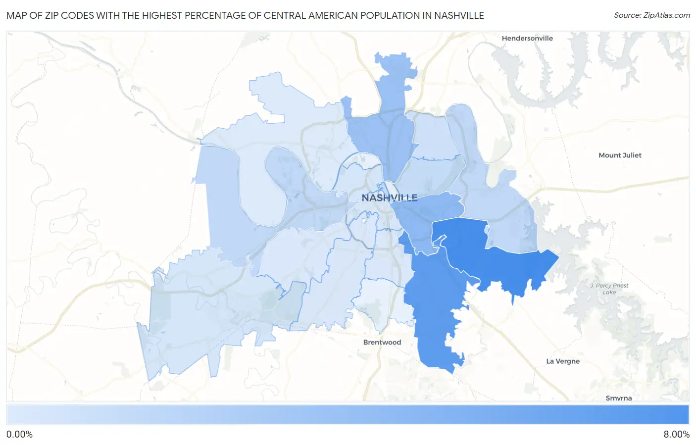 Zip Codes with the Highest Percentage of Central American Population in Nashville Map