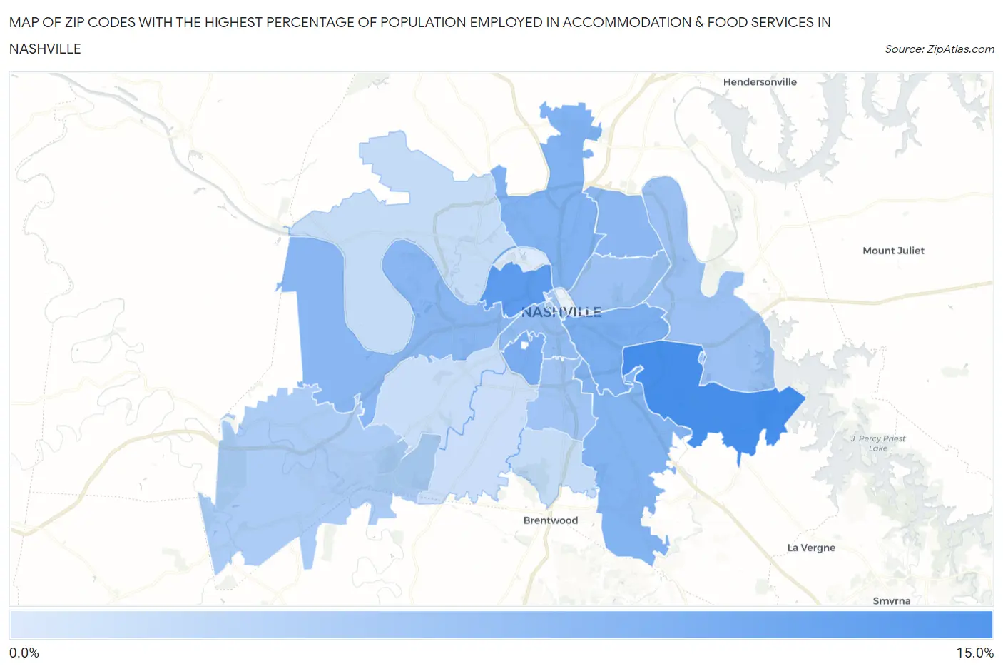 Zip Codes with the Highest Percentage of Population Employed in Accommodation & Food Services in Nashville Map
