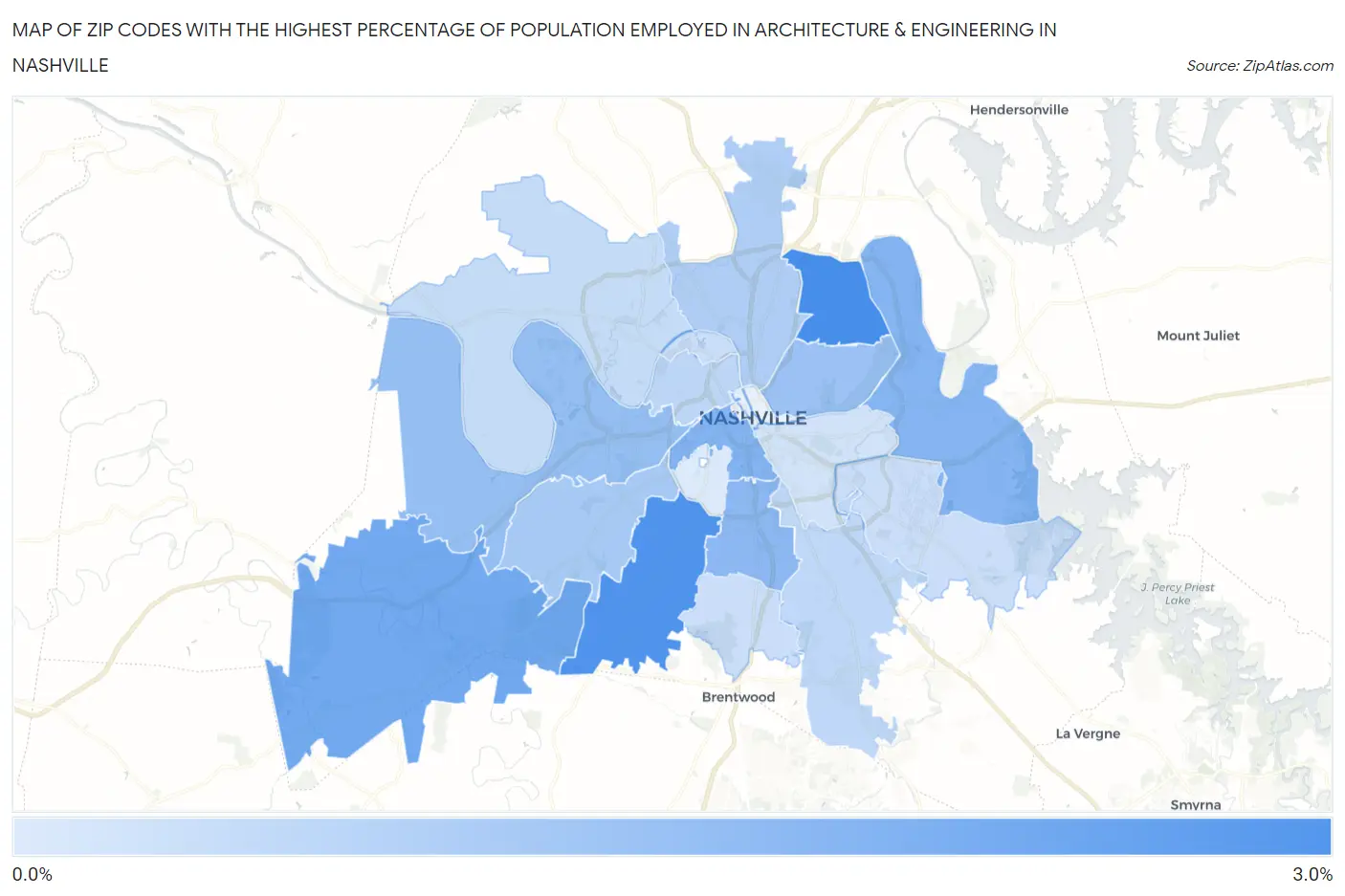 Zip Codes with the Highest Percentage of Population Employed in Architecture & Engineering in Nashville Map