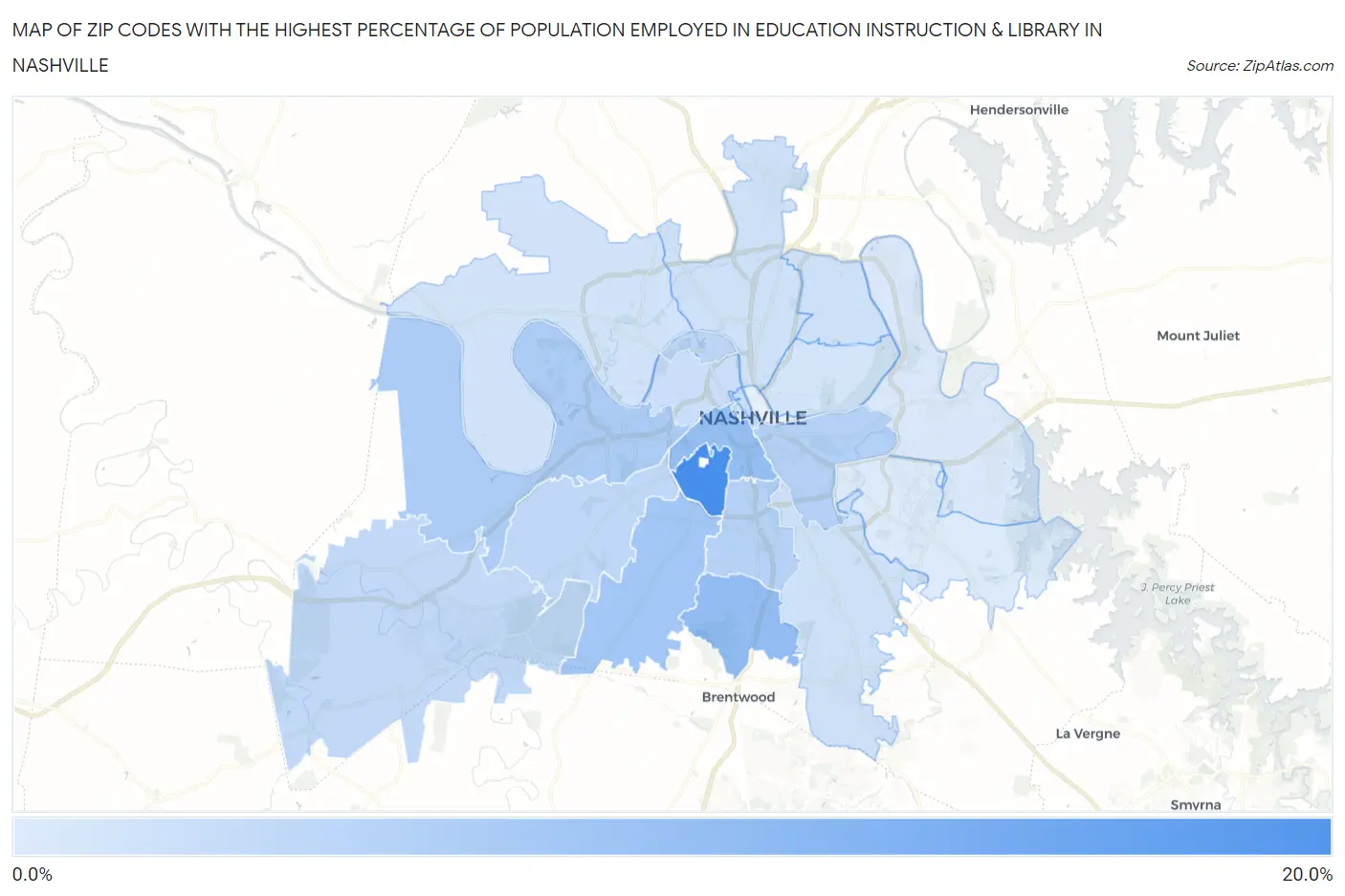 Zip Codes with the Highest Percentage of Population Employed in Education Instruction & Library in Nashville Map