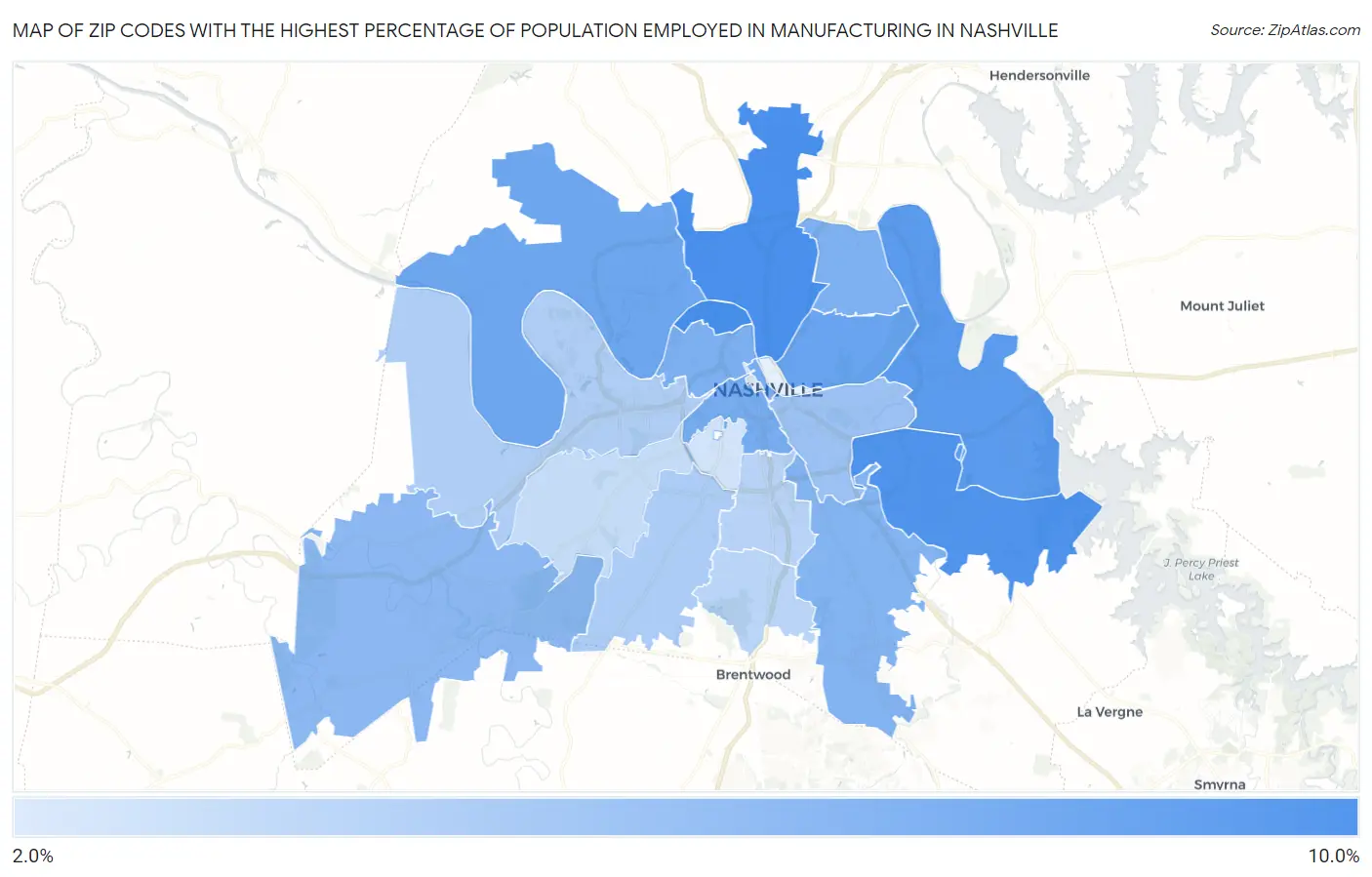 Zip Codes with the Highest Percentage of Population Employed in Manufacturing in Nashville Map