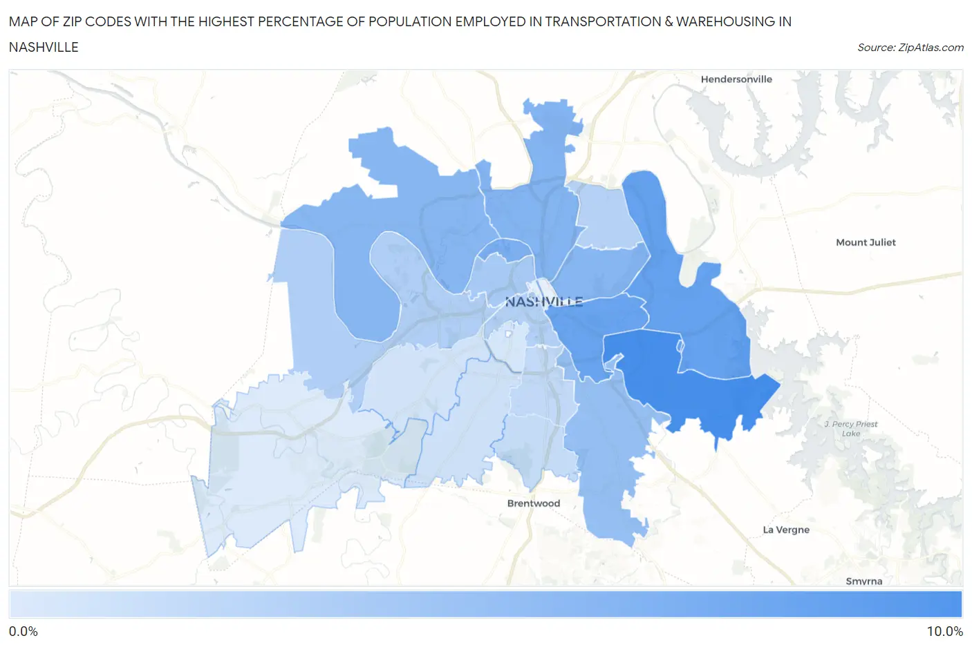 Zip Codes with the Highest Percentage of Population Employed in Transportation & Warehousing in Nashville Map