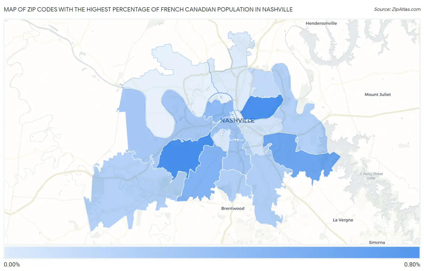 Zip Codes with the Highest Percentage of French Canadian Population in Nashville Map