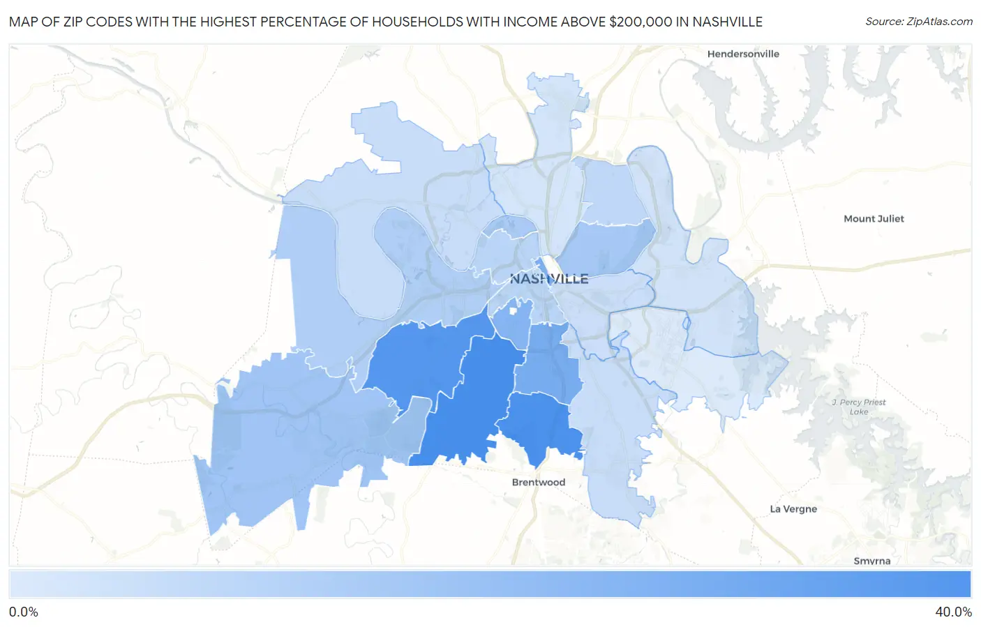 Zip Codes with the Highest Percentage of Households with Income Above $200,000 in Nashville Map