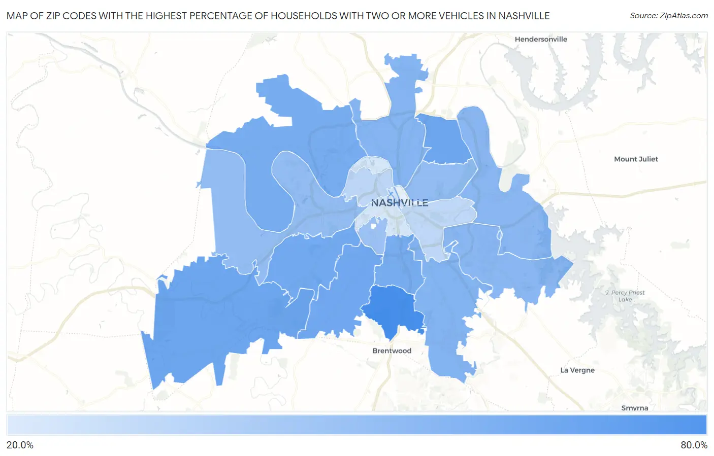 Zip Codes with the Highest Percentage of Households With Two or more Vehicles in Nashville Map