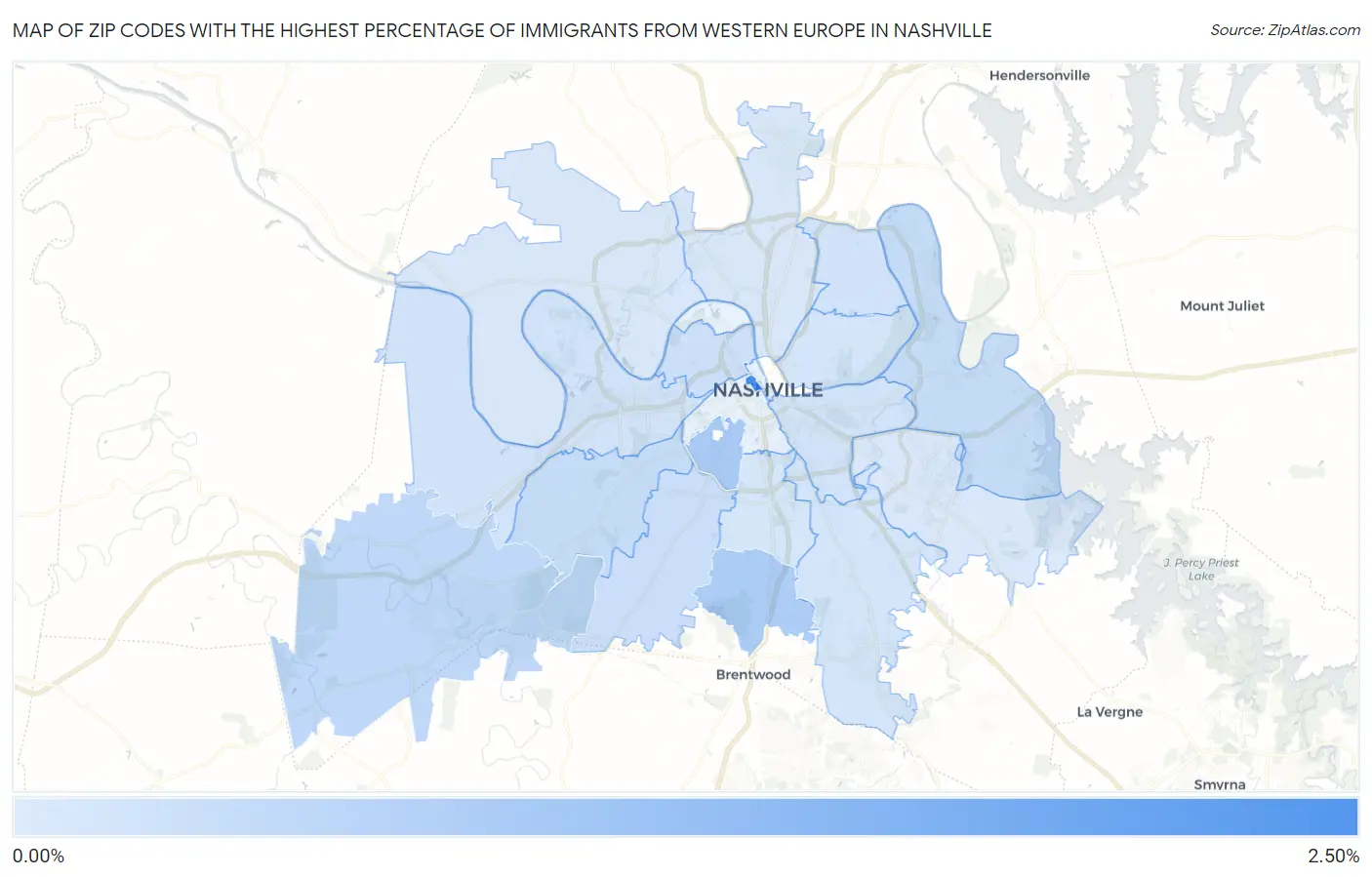 Zip Codes with the Highest Percentage of Immigrants from Western Europe in Nashville Map