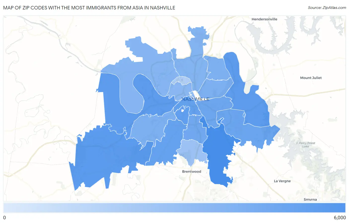 Zip Codes with the Most Immigrants from Asia in Nashville Map