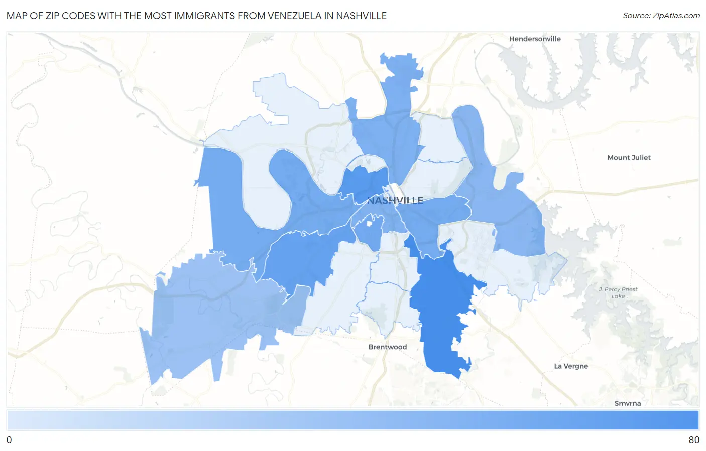 Zip Codes with the Most Immigrants from Venezuela in Nashville Map