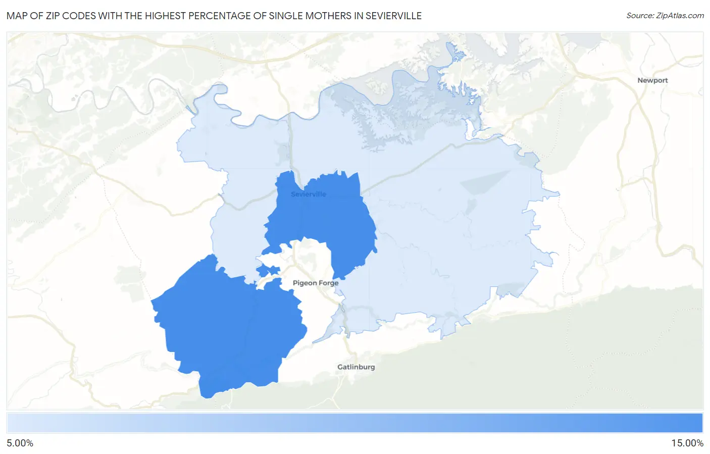 Zip Codes with the Highest Percentage of Single Mothers in Sevierville Map