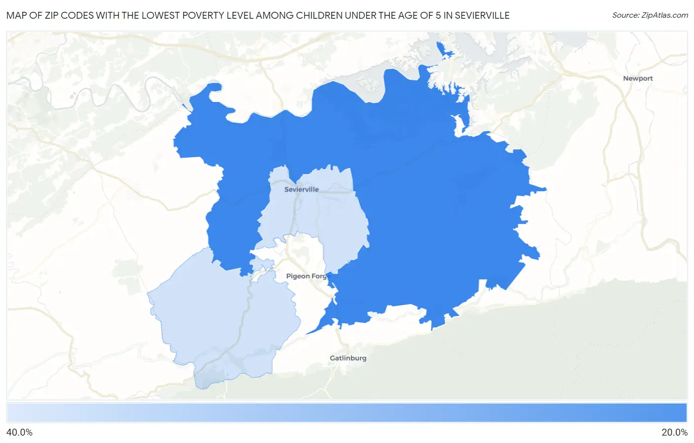 Zip Codes with the Lowest Poverty Level Among Children Under the Age of 5 in Sevierville Map