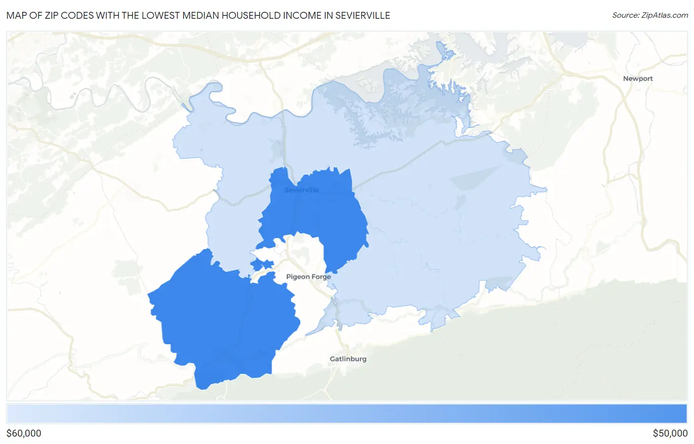 Zip Codes with the Lowest Median Household Income in Sevierville Map