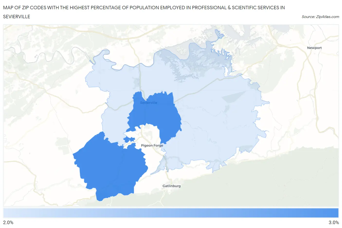 Zip Codes with the Highest Percentage of Population Employed in Professional & Scientific Services in Sevierville Map