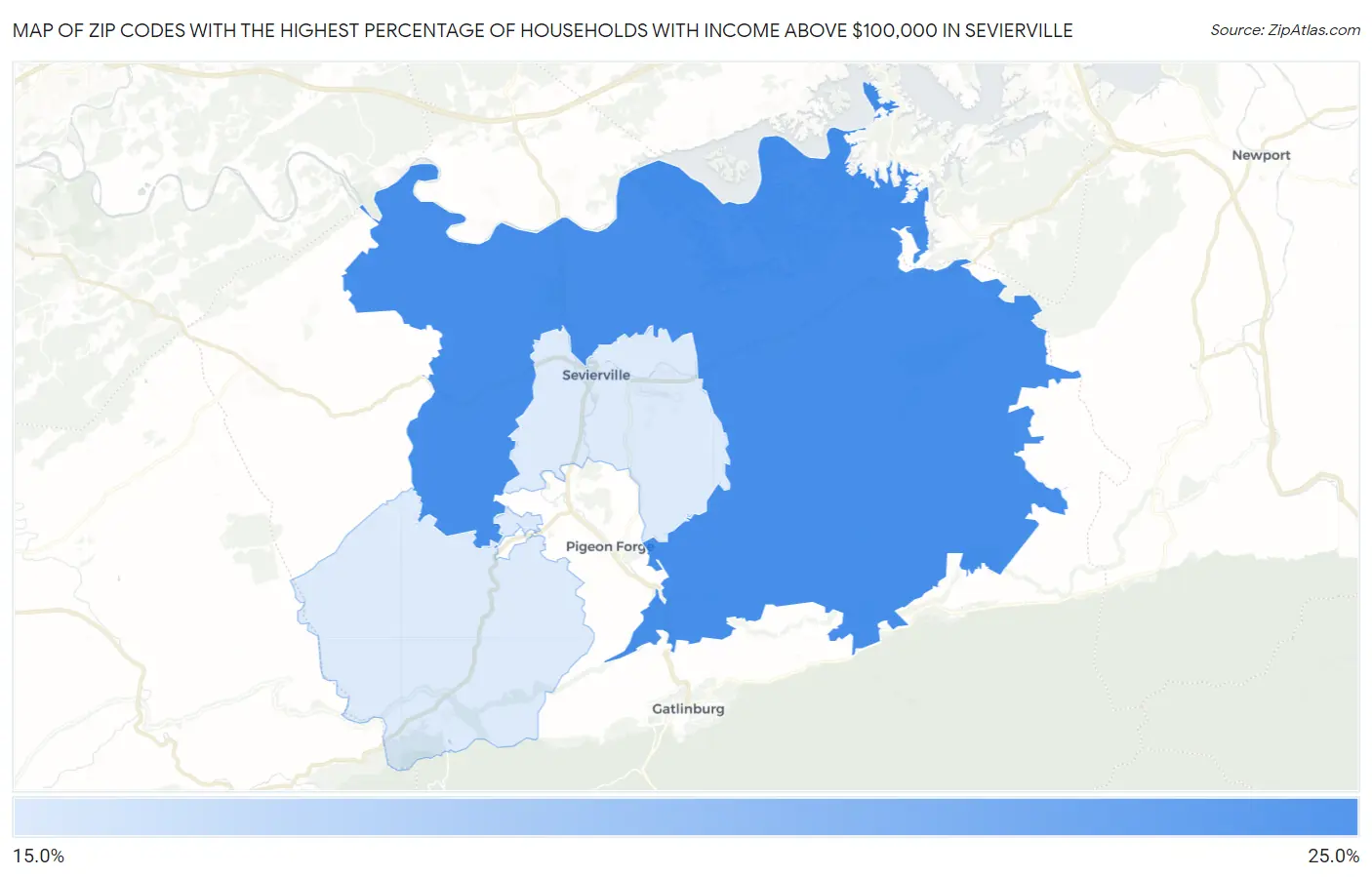 Zip Codes with the Highest Percentage of Households with Income Above $100,000 in Sevierville Map