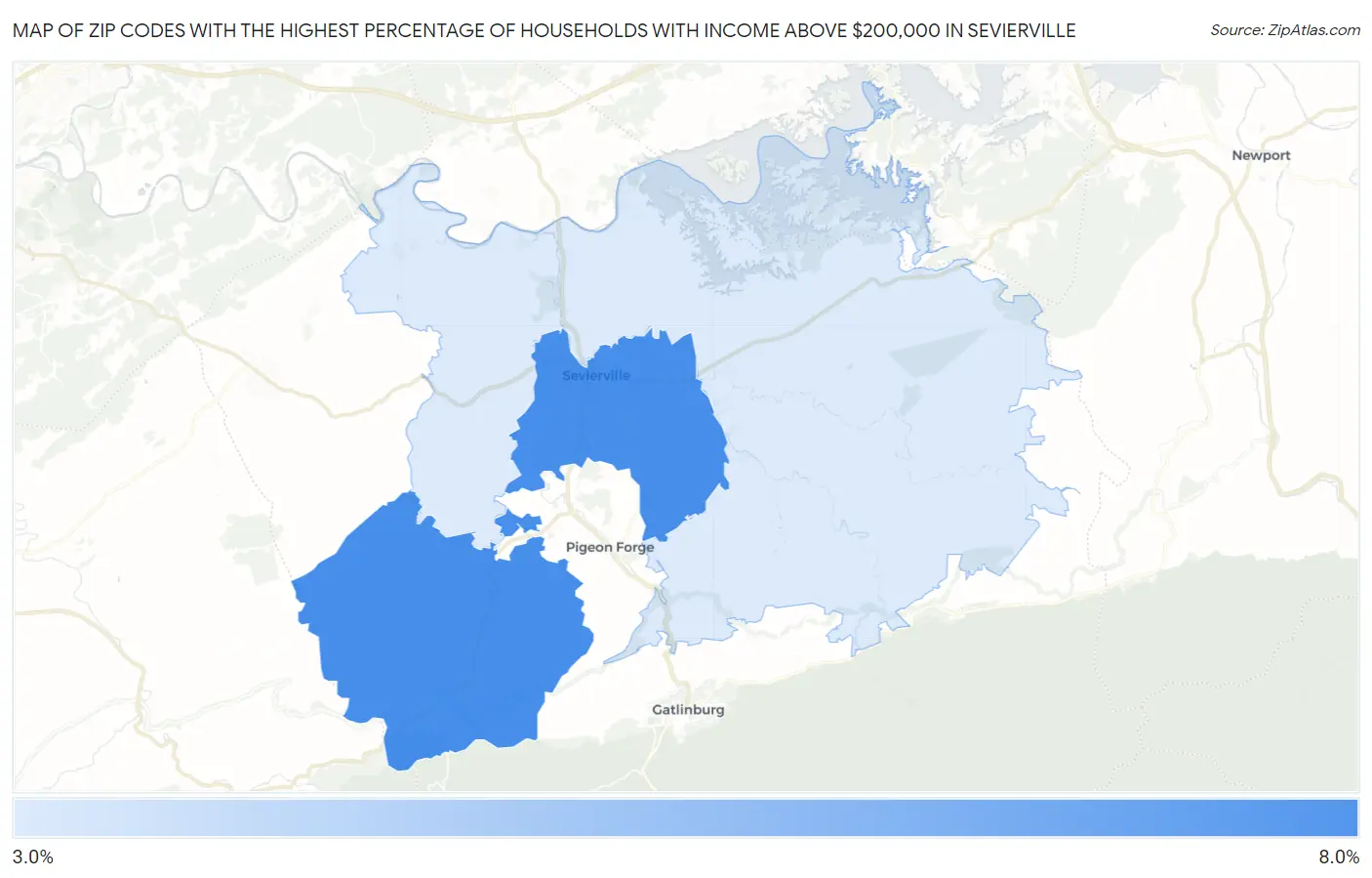Zip Codes with the Highest Percentage of Households with Income Above $200,000 in Sevierville Map