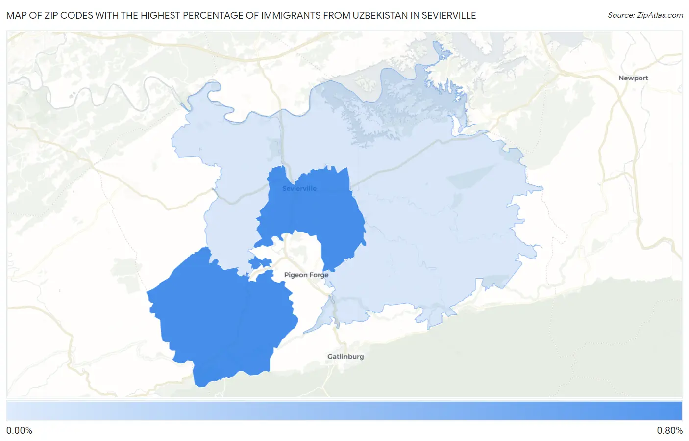 Zip Codes with the Highest Percentage of Immigrants from Uzbekistan in Sevierville Map