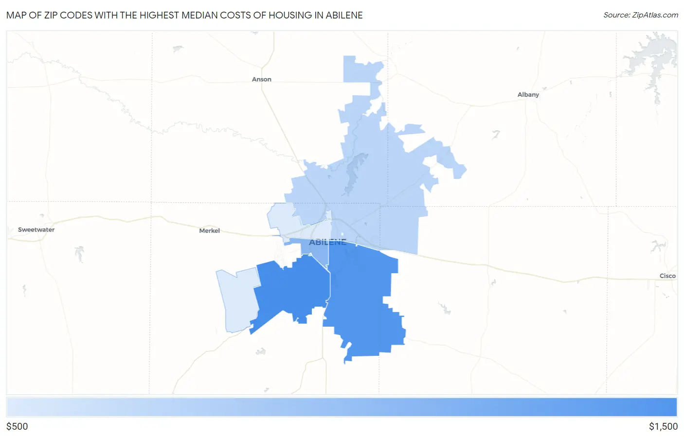 Zip Codes with the Highest Median Costs of Housing in Abilene Map