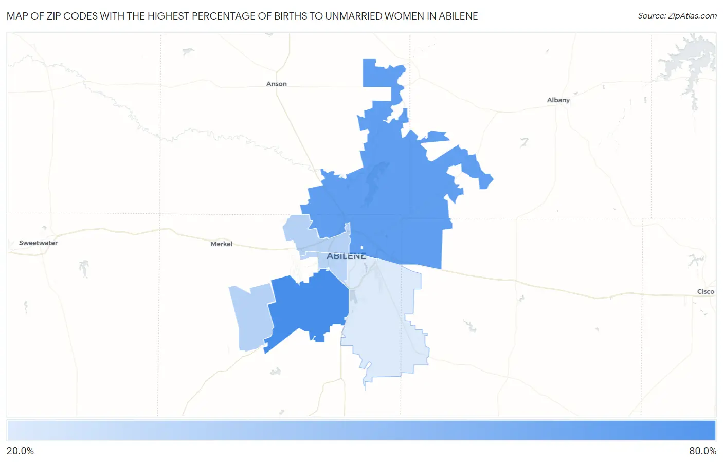 Zip Codes with the Highest Percentage of Births to Unmarried Women in Abilene Map