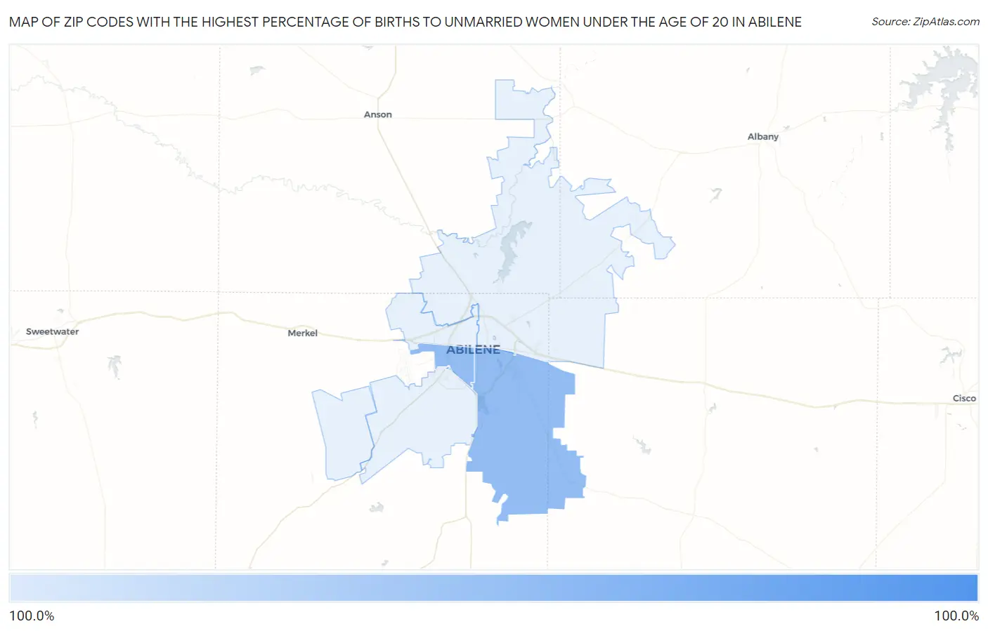 Zip Codes with the Highest Percentage of Births to Unmarried Women under the Age of 20 in Abilene Map