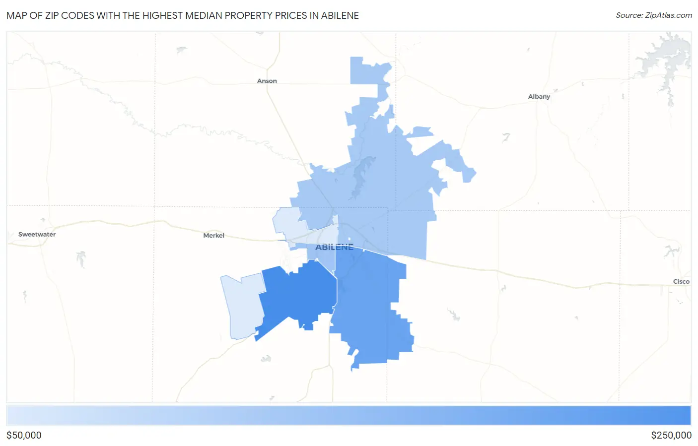 Zip Codes with the Highest Median Property Prices in Abilene Map