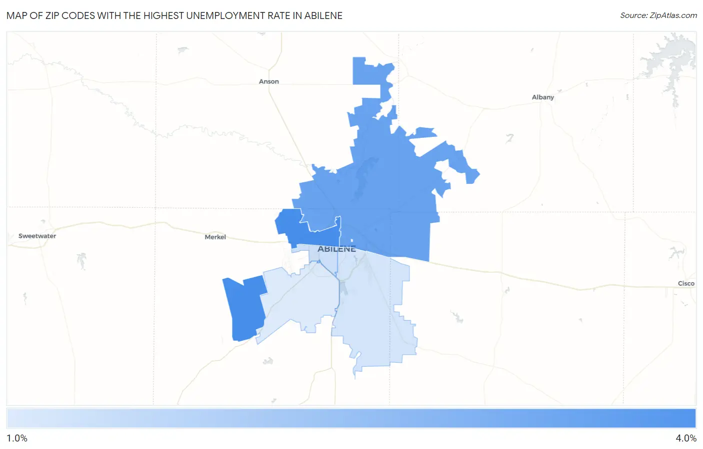 Zip Codes with the Highest Unemployment Rate in Abilene Map