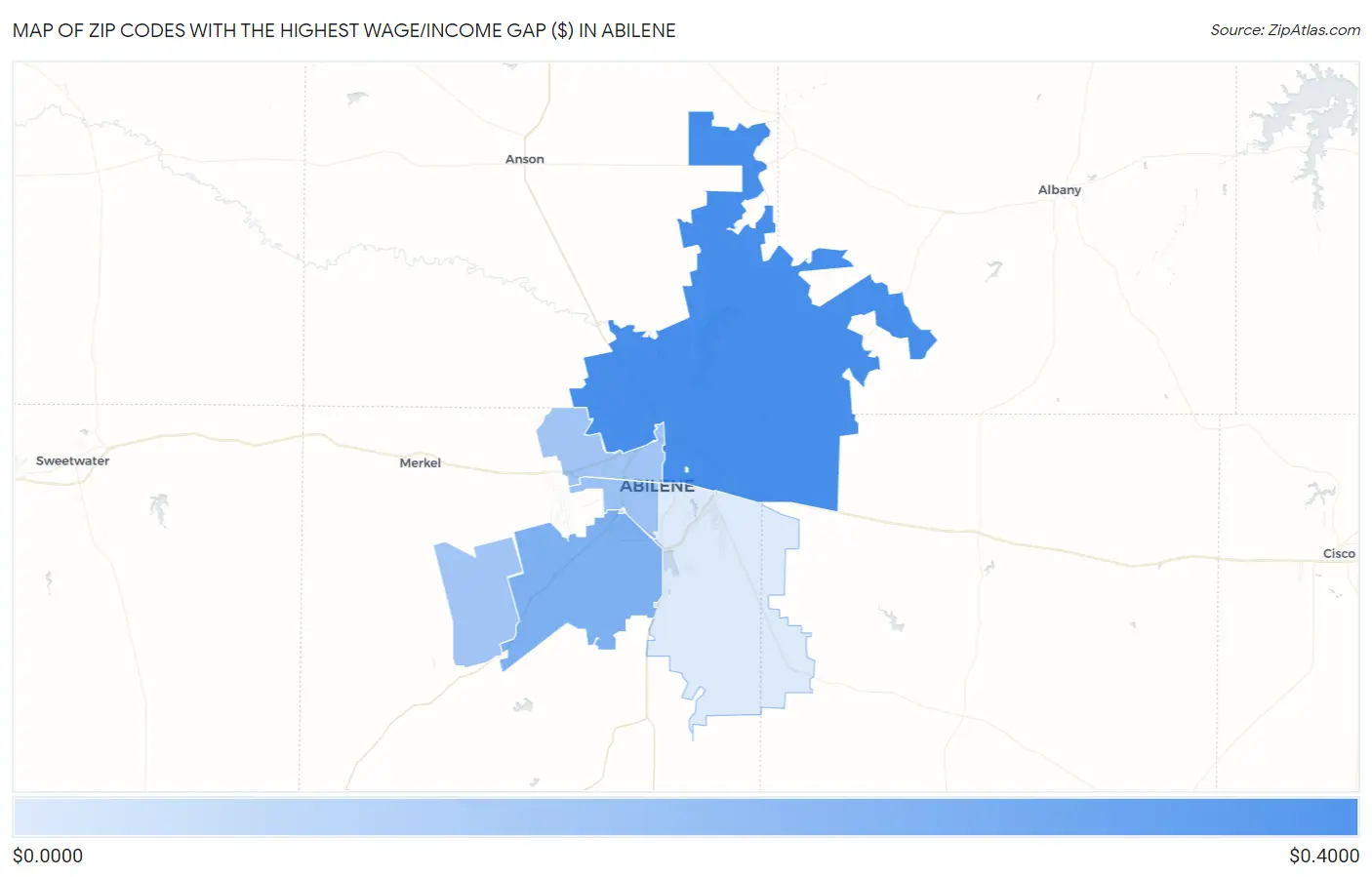 Zip Codes with the Highest Wage/Income Gap ($) in Abilene Map