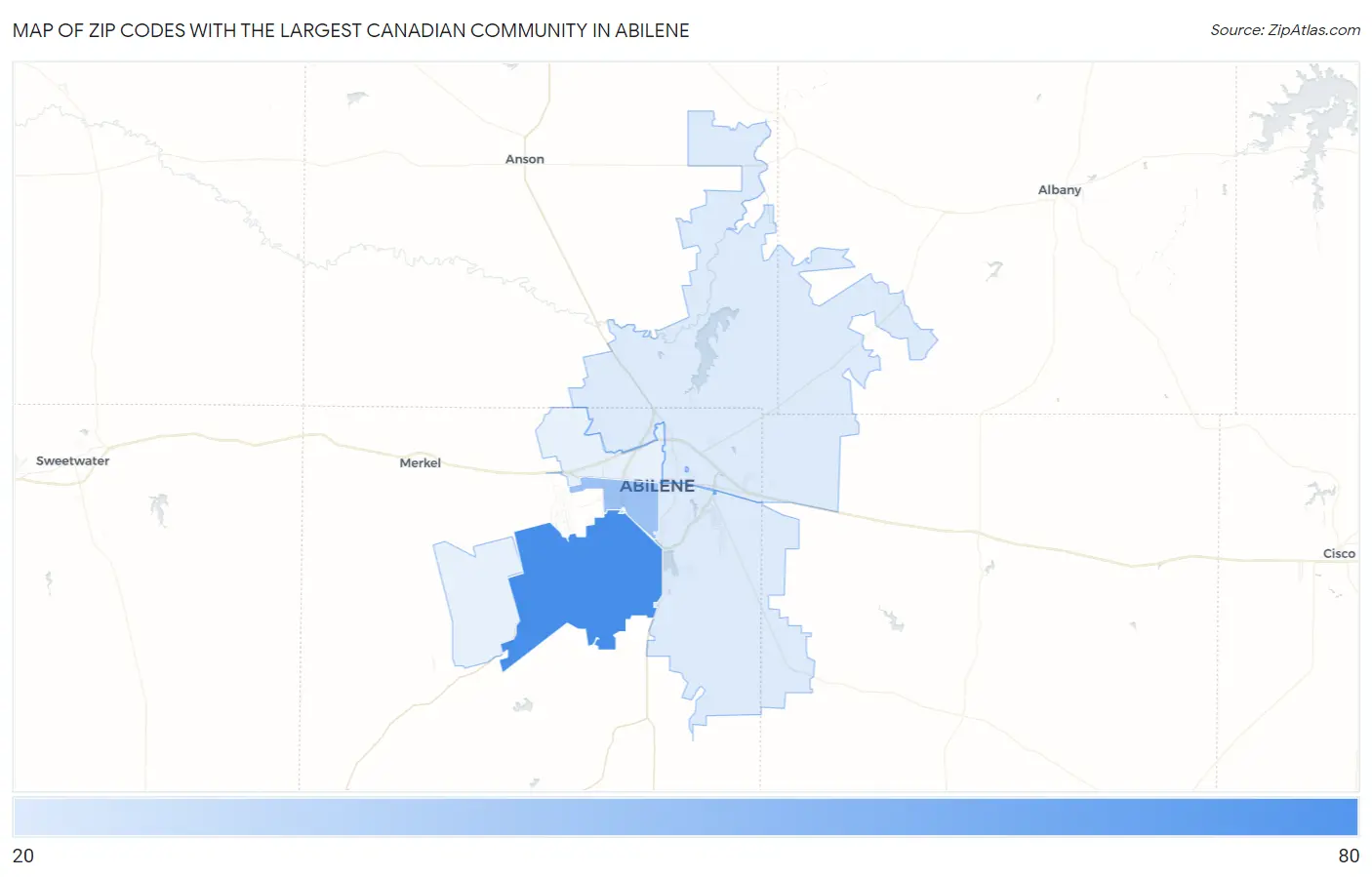 Zip Codes with the Largest Canadian Community in Abilene Map