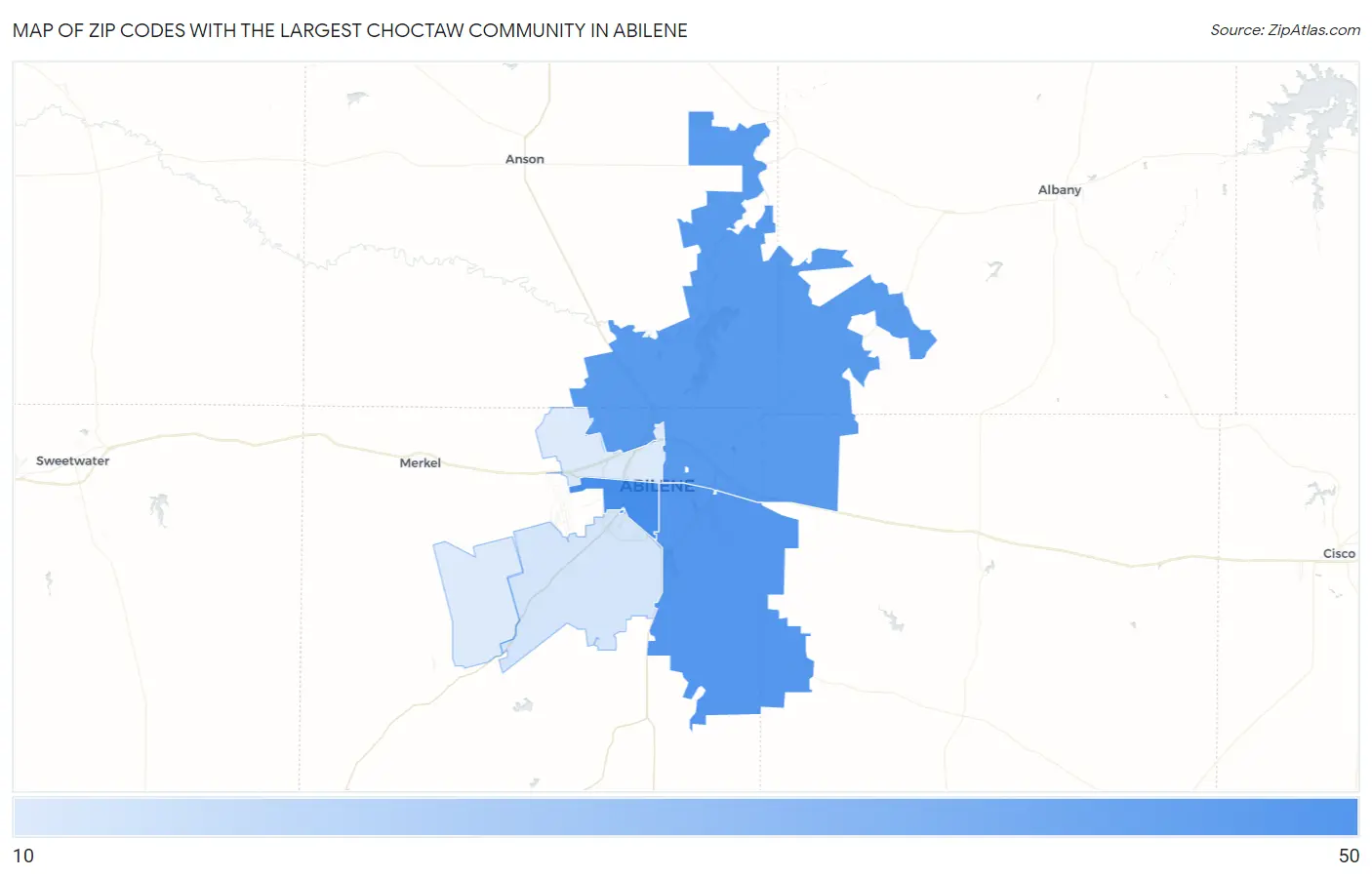 Zip Codes with the Largest Choctaw Community in Abilene Map