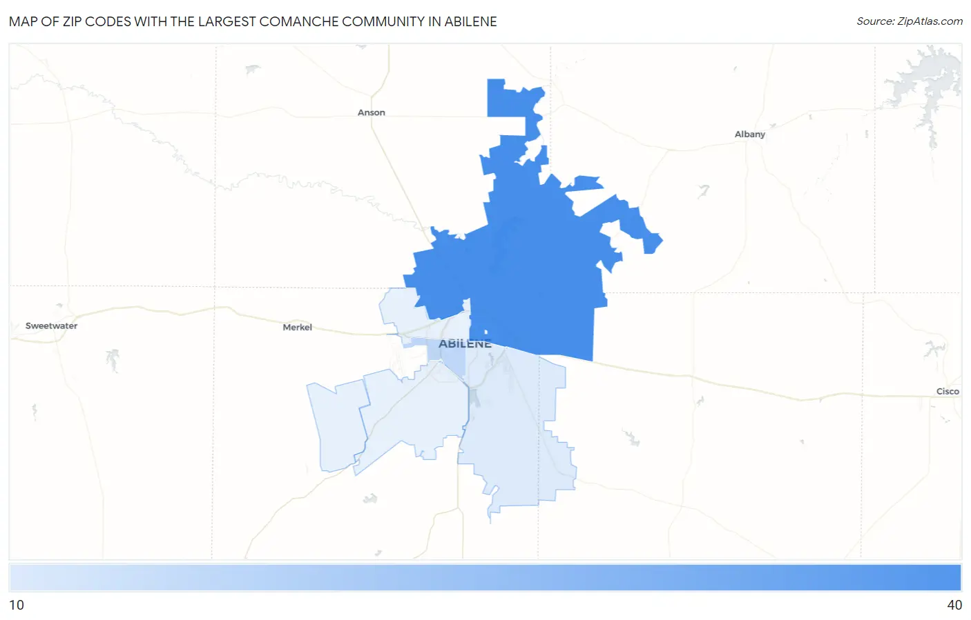 Zip Codes with the Largest Comanche Community in Abilene Map