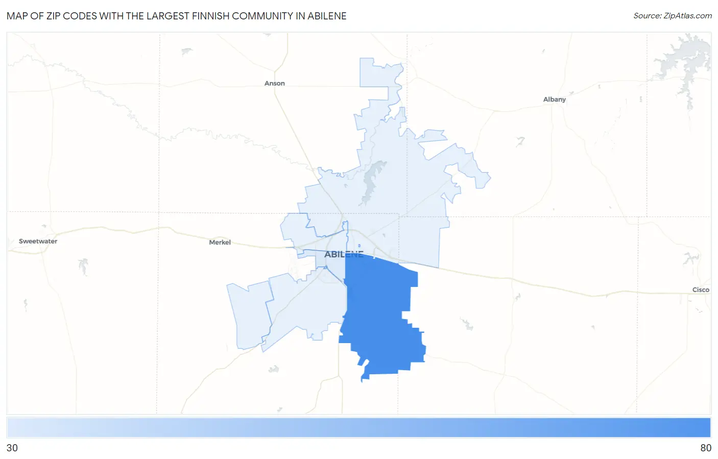 Zip Codes with the Largest Finnish Community in Abilene Map