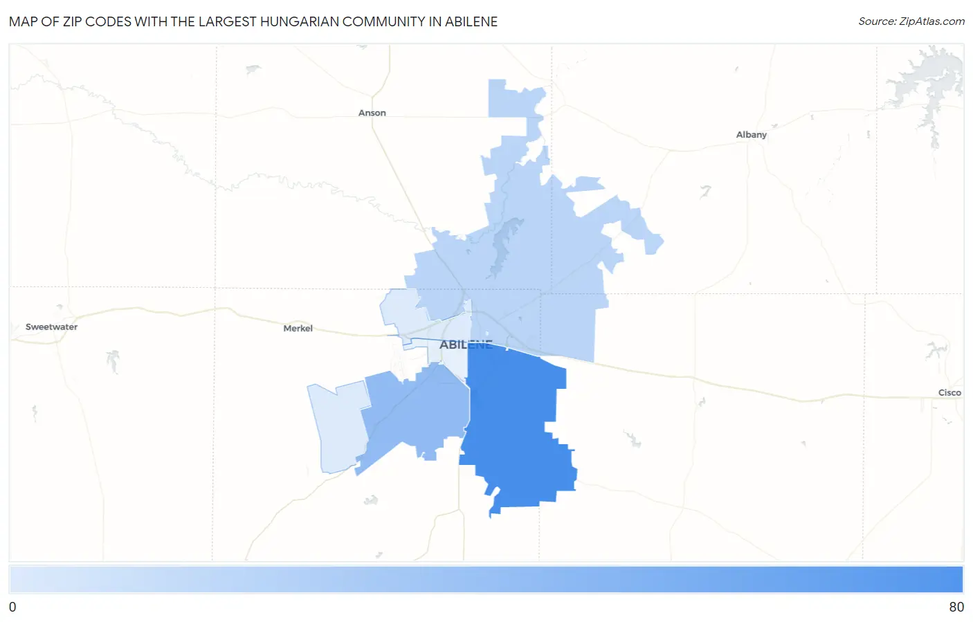 Zip Codes with the Largest Hungarian Community in Abilene Map