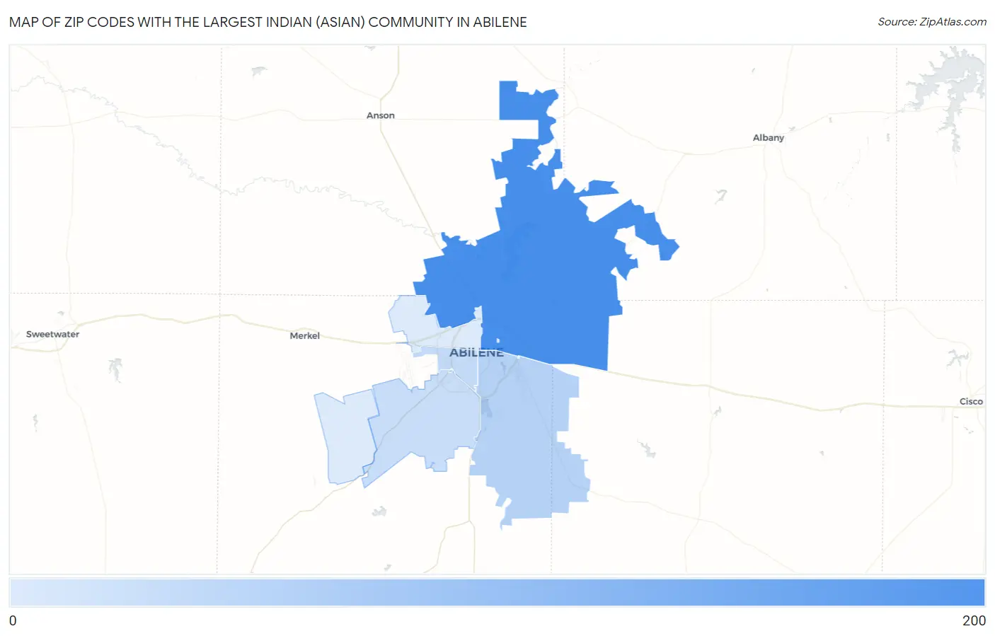 Zip Codes with the Largest Indian (Asian) Community in Abilene Map