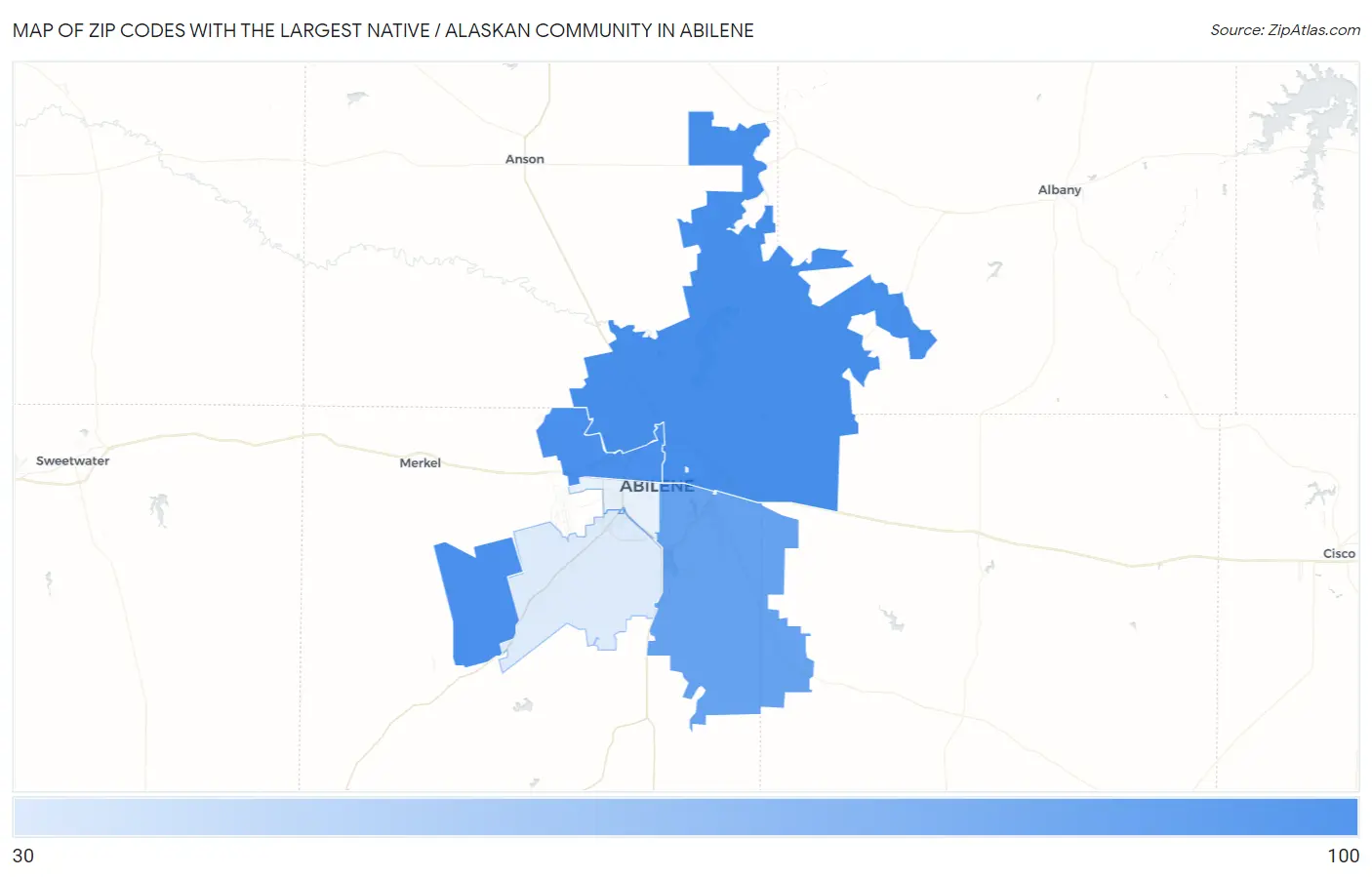 Zip Codes with the Largest Native / Alaskan Community in Abilene Map