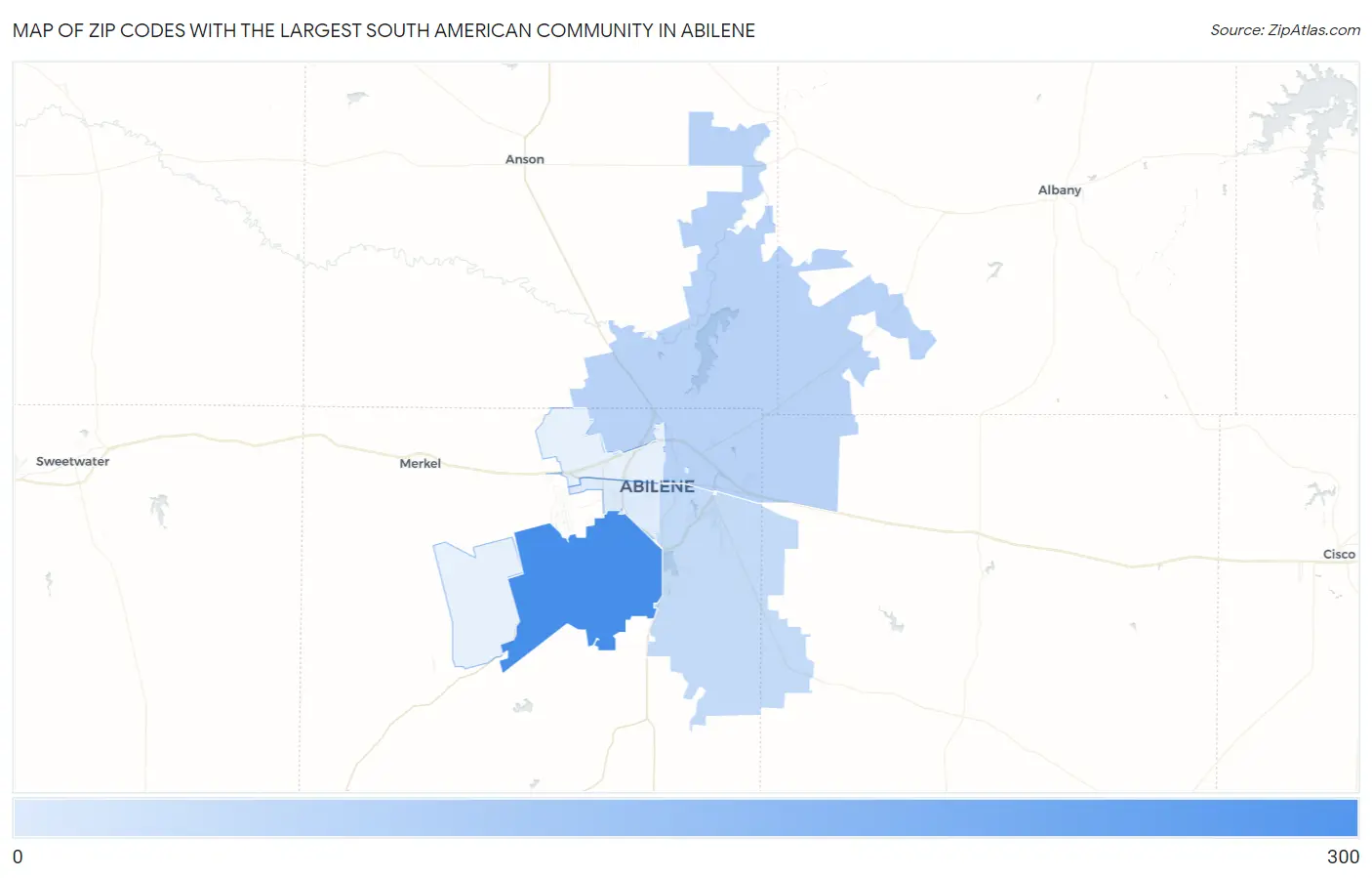 Zip Codes with the Largest South American Community in Abilene Map
