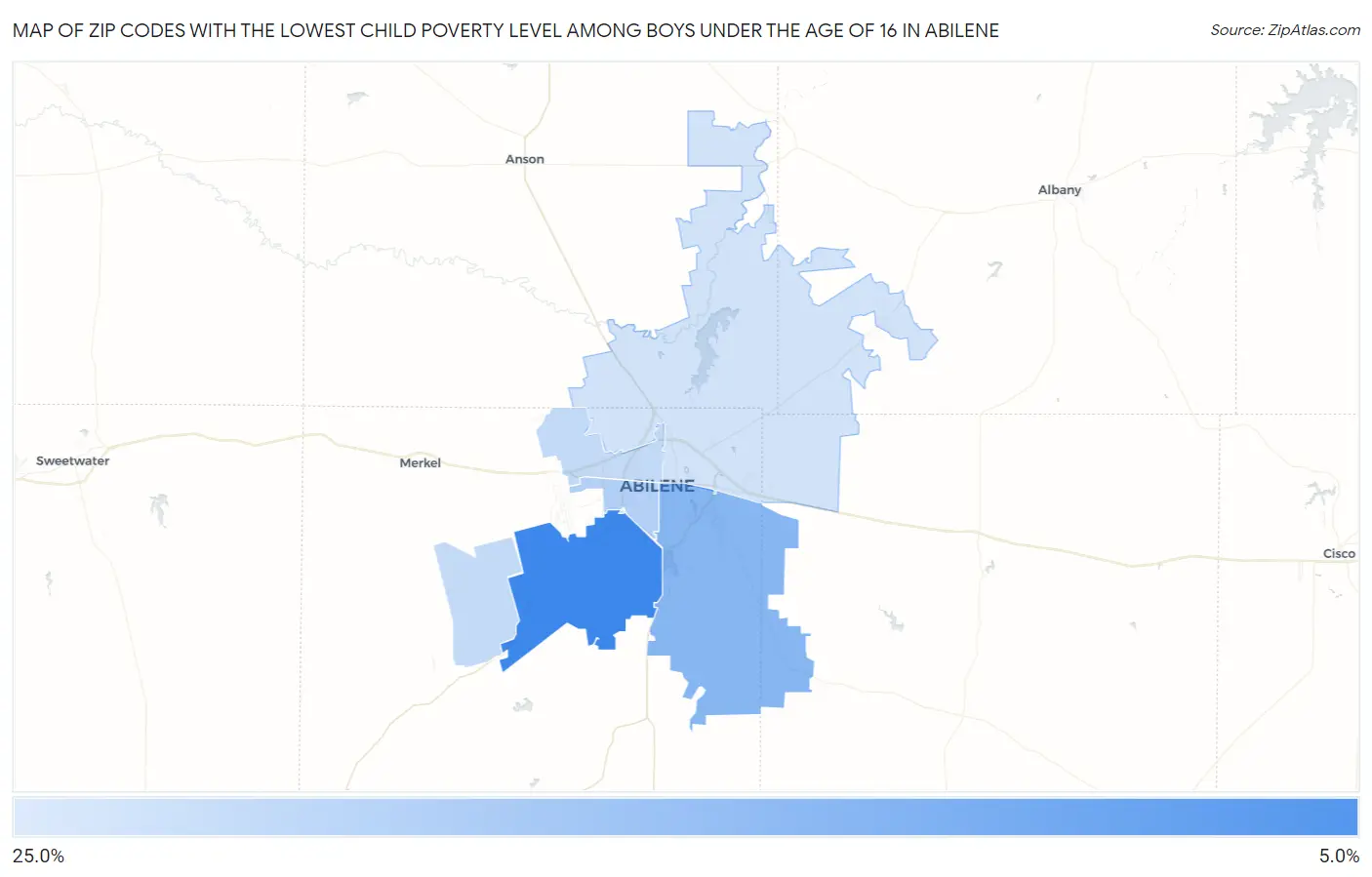 Zip Codes with the Lowest Child Poverty Level Among Boys Under the Age of 16 in Abilene Map