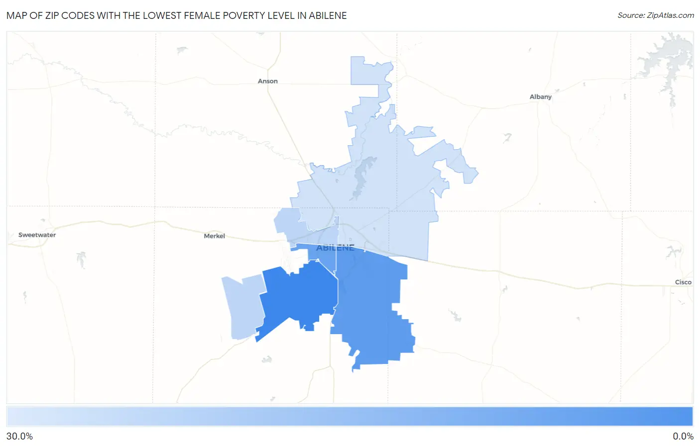 Zip Codes with the Lowest Female Poverty Level in Abilene Map