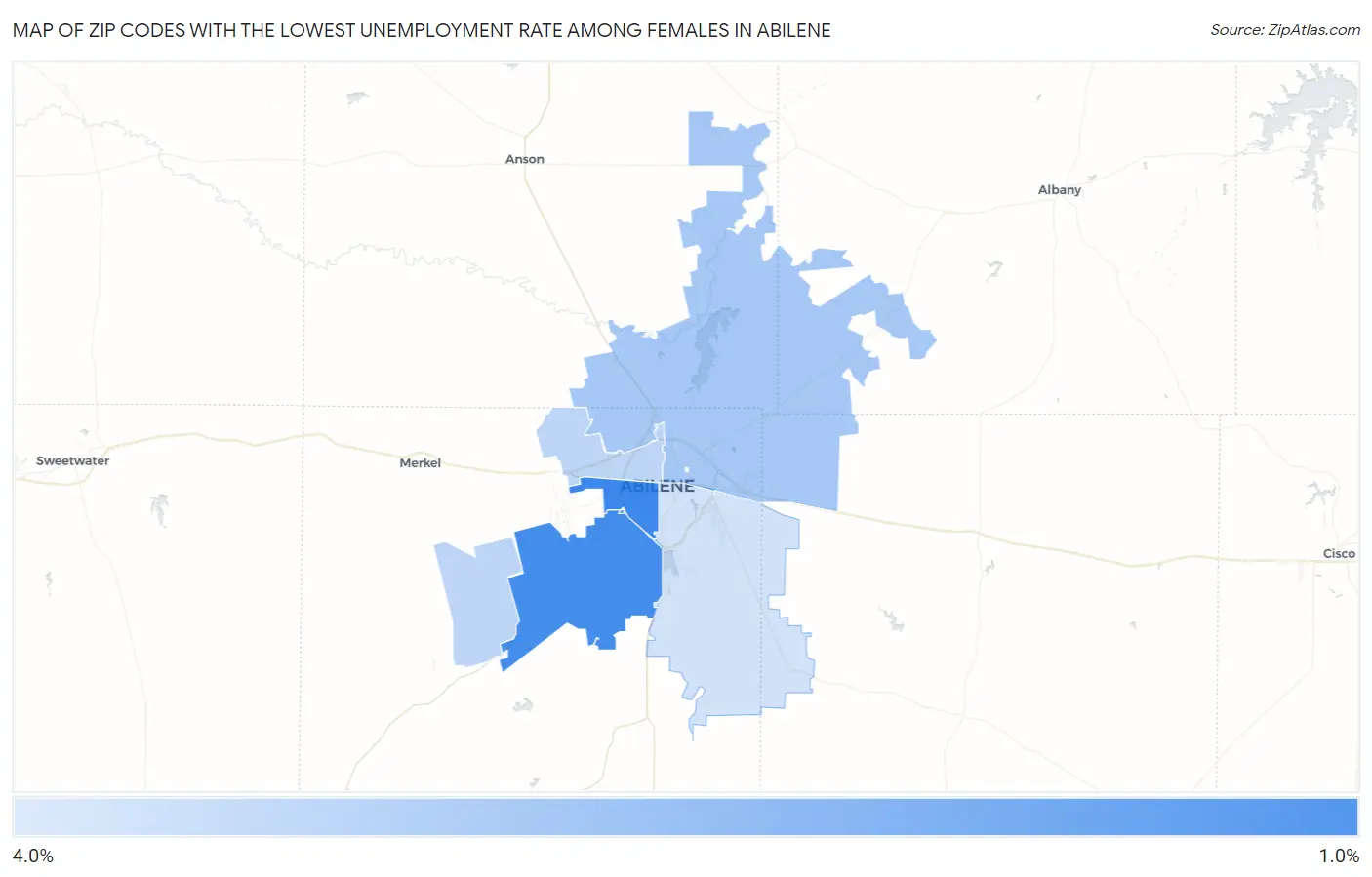 Zip Codes with the Lowest Unemployment Rate Among Females in Abilene Map