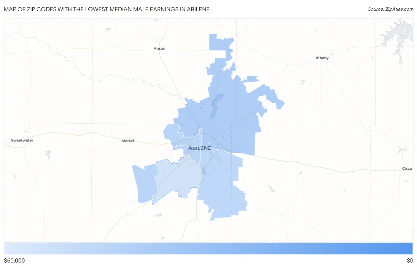 Zip Codes with the Lowest Median Male Earnings in Abilene Map