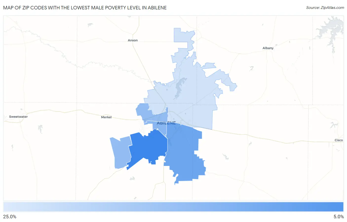 Zip Codes with the Lowest Male Poverty Level in Abilene Map