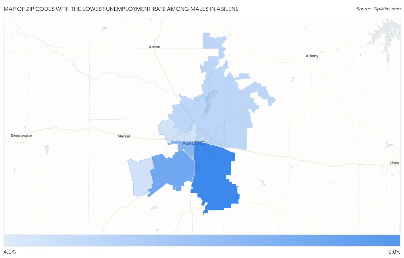 Zip Codes with the Lowest Unemployment Rate Among Males in Abilene Map