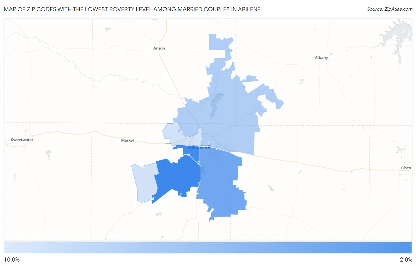 Zip Codes with the Lowest Poverty Level Among Married Couples in Abilene Map