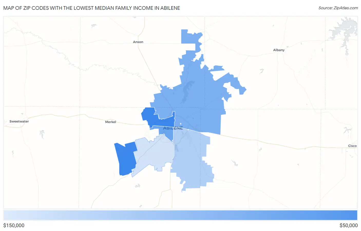 Zip Codes with the Lowest Median Family Income in Abilene Map